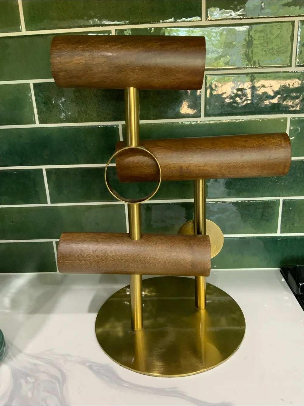 Anthropologie Wood and Brass Tiered Jewelry T-Bar - Brown and Gold